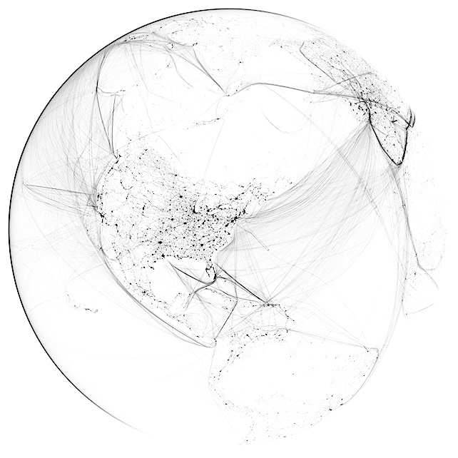 Adapted from Transparent Anthropocene. Image Credit: Globaia. https://globaia.org/geophanies. Creative Commons License. The image includes Global Roads, Global Human Impacts on Marine Ecosystems, Global Urban Footprint, Open Flights, Open Street Map, and Submarine Cables.