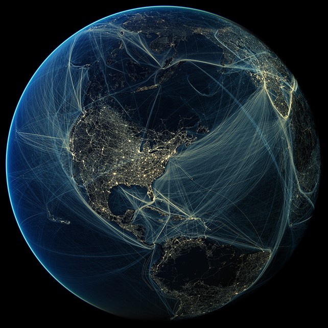 Transparent Anthropocene. Image Credit: Globaia. https://globaia.org/geophanies. Creative Commons License. The image includes Global Roads, Global Human Impacts on Marine Ecosystems, Global Urban Footprint, Open Flights, Open Street Map, and Submarine Cables.